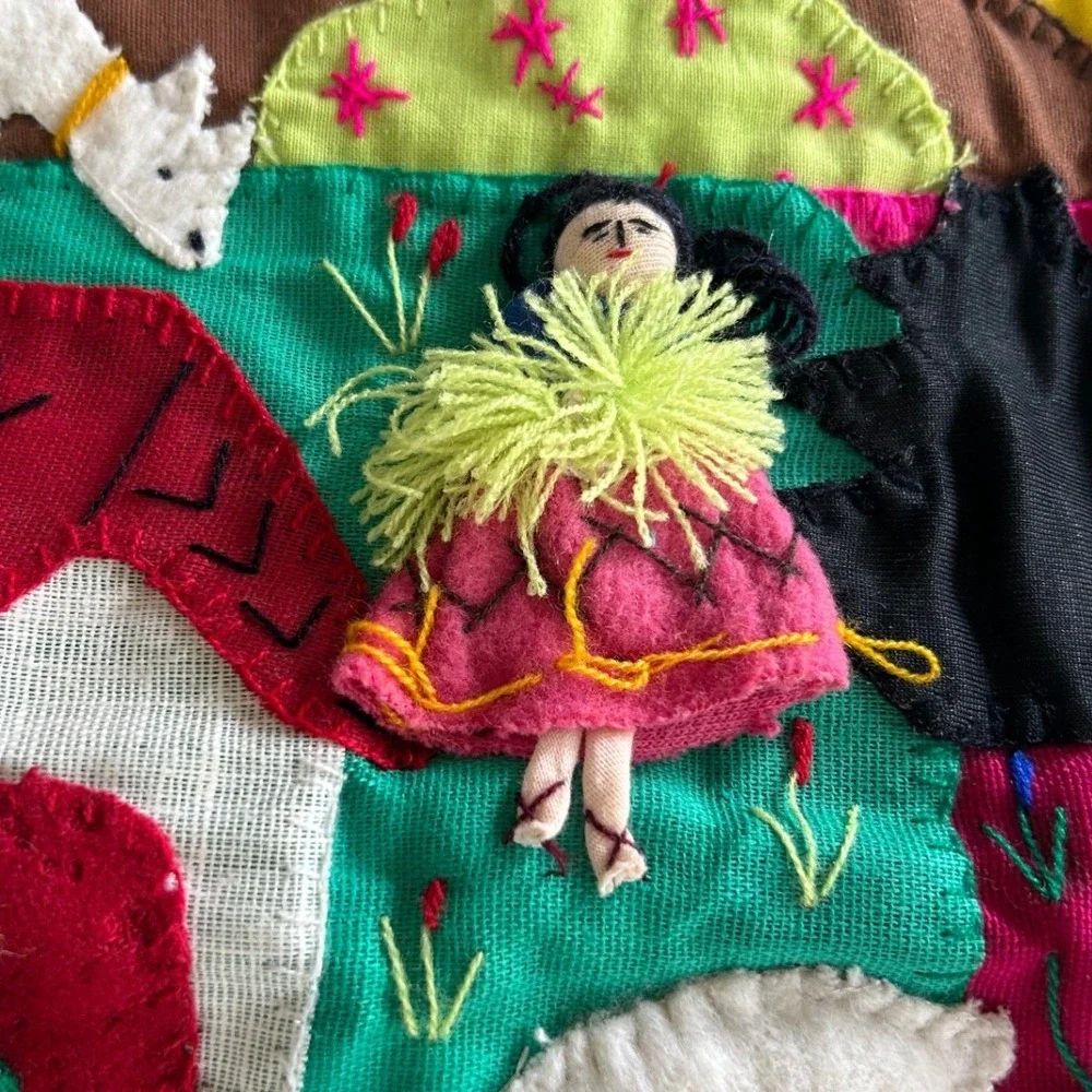 Vintage Handmade Peruvian Arpillera Folk Art Wall Hanging 3D Llama Village Fruit